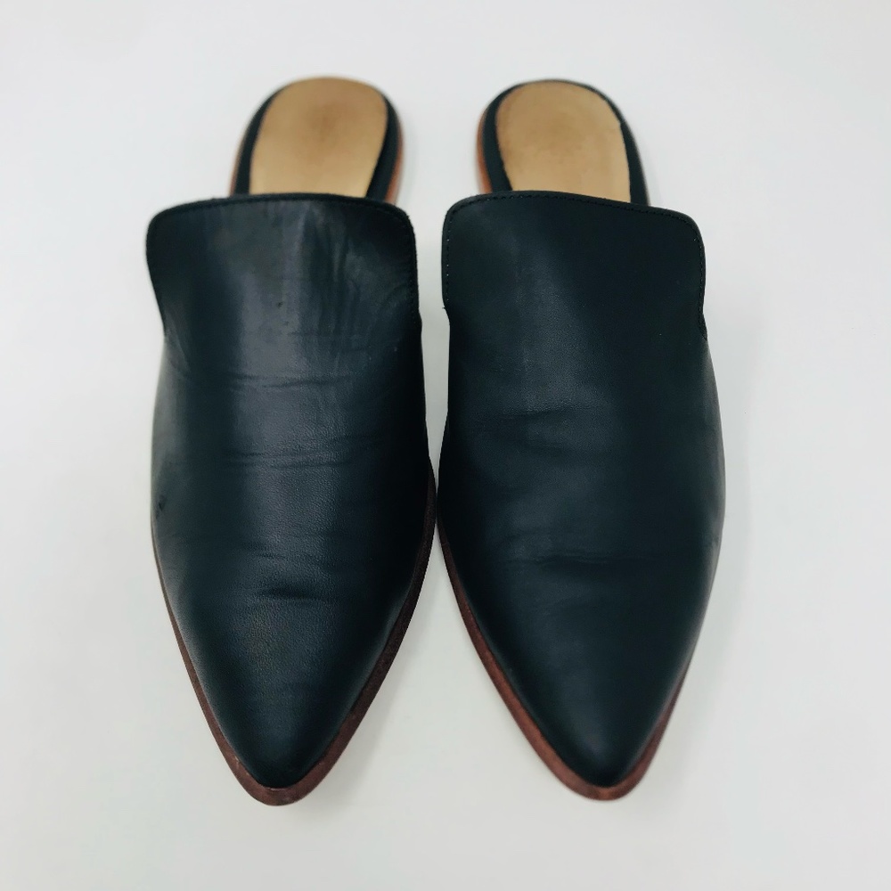 Madewell Leather Slip On Flat Mules Pointed Toe Black Size 9